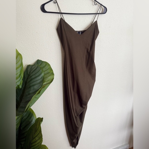 Windsor Dresses & Skirts - Elegant Olive Green Satin Asymmetrical Hem Dress